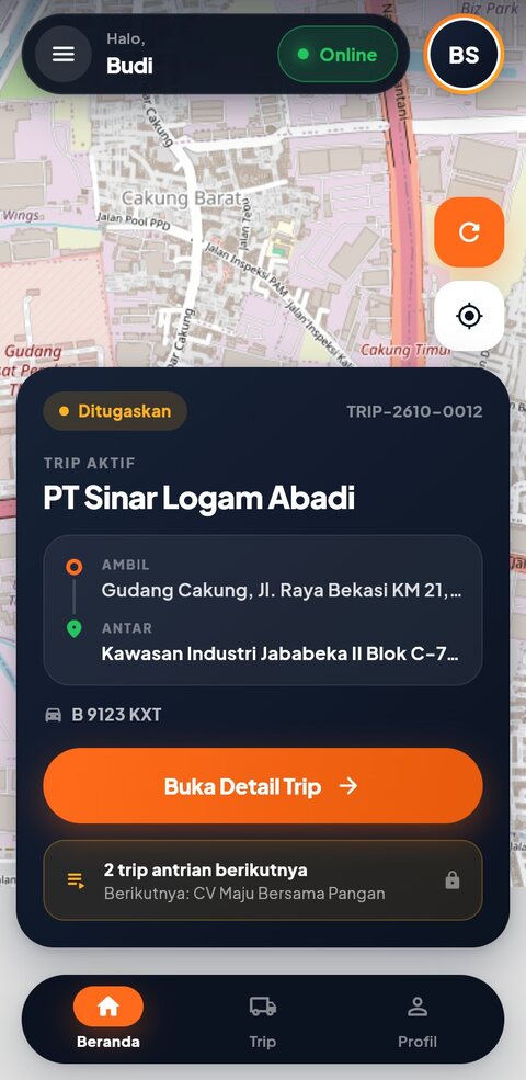 DeltaDriver — Beranda dengan peta dan trip aktif