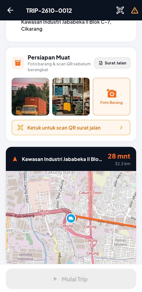 DeltaDriver — Detail trip: persiapan muat dan peta rute