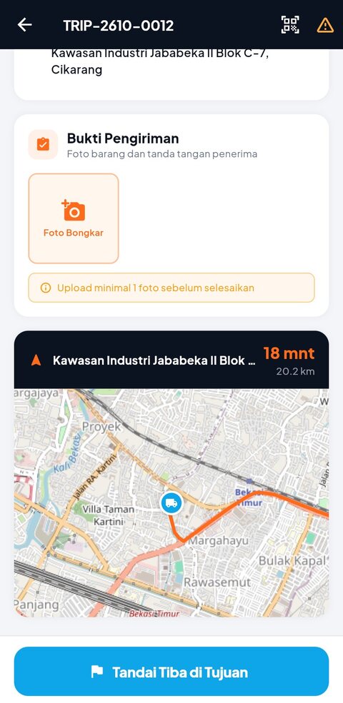 DeltaDriver — Perjalanan on route dengan estimasi waktu